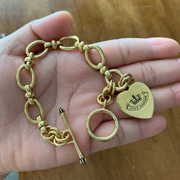 Gold Juicy Couture Bracelet Heart Logo Heart Tag Toggle Clasp Jewelry 7.5” EUC - Picture 8 of 10